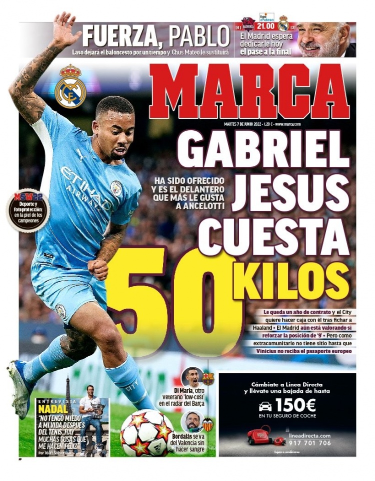 马卡头版:皇马有意热苏斯,球员转会费5000万欧元