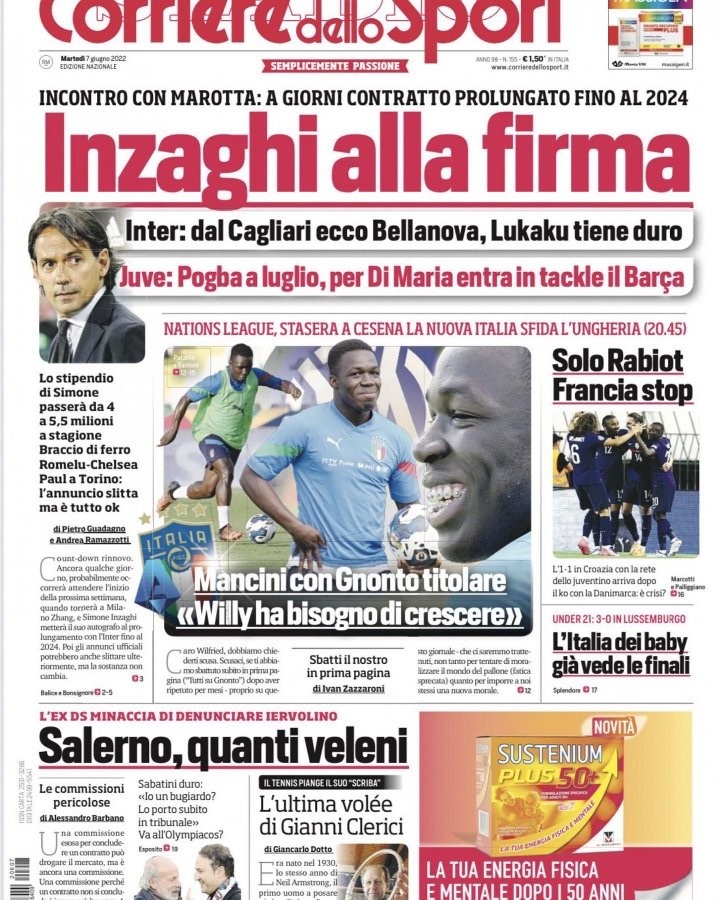 罗体头版:国米将与小因扎吉续约至2024年 博格巴7月签约尤文