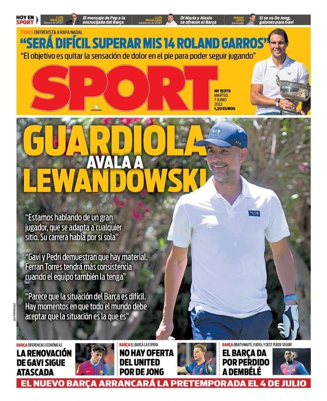 每体头版:瓜迪奥拉为莱万多夫斯基担保